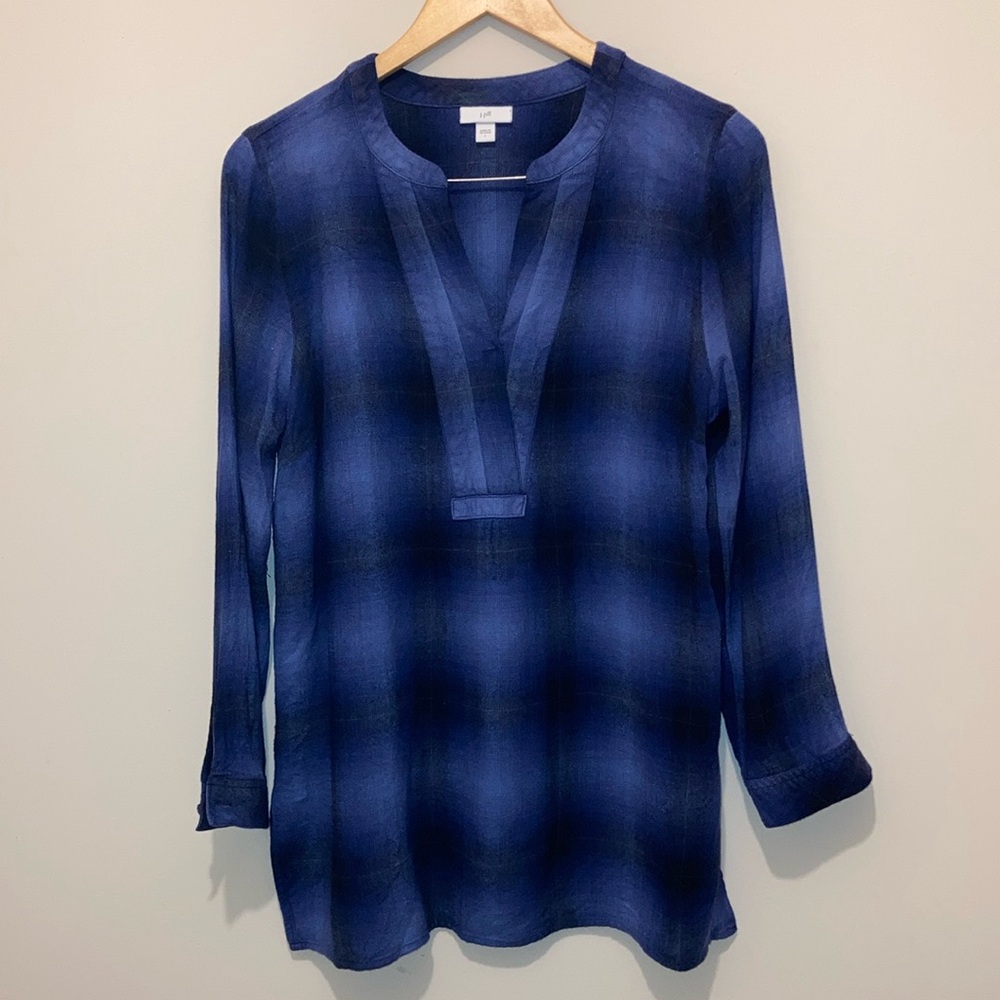 J.Jill brushed cotton blu Relaxed Tunic with Mandarin Collar w/ v neck